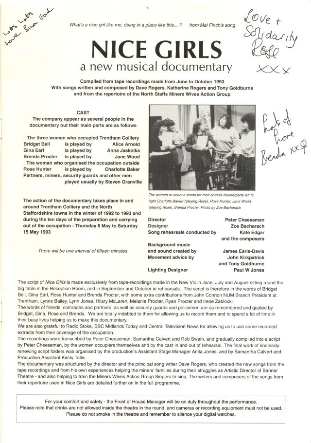 Interior page of the theatre programme filled with printed text, including the cast list and background information about the script. The text explains that the play was created entirely from tape-recorded interviews at the New Vic, using the words of Bridget Bell, Gina Earl, Rose Hunter, and Brenda Procter.